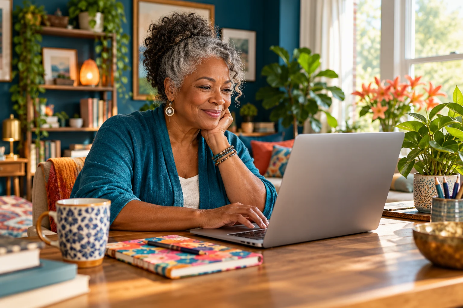 Older woman learning at a laptop in a colorful home workspace.
