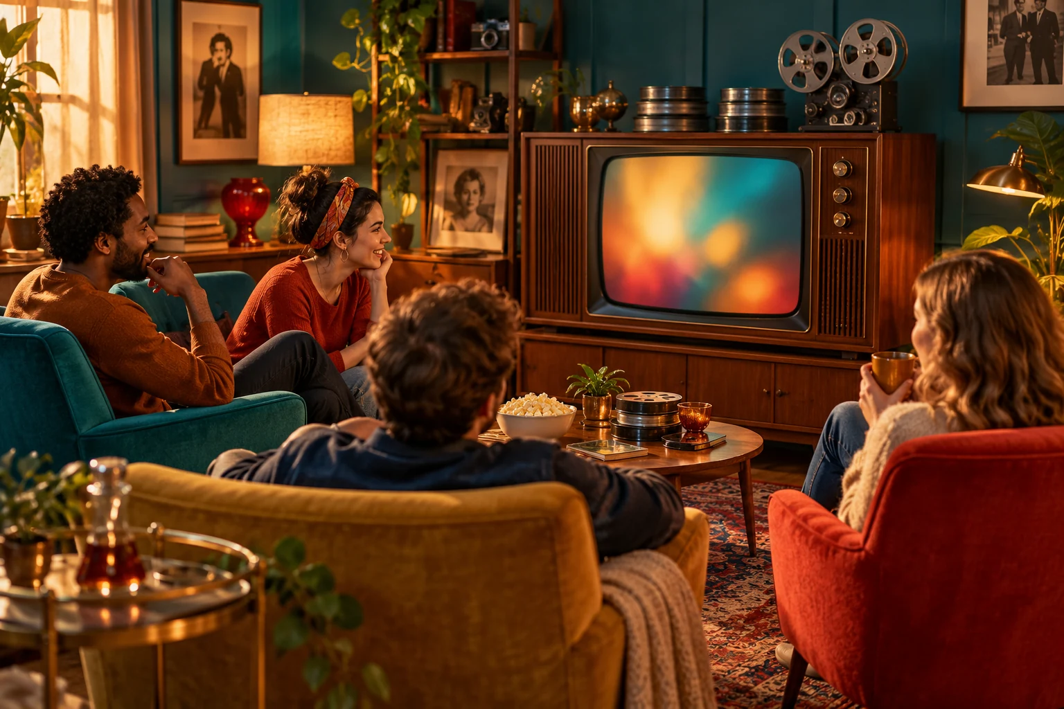 Vintage television in a colorful mid-century viewing room.