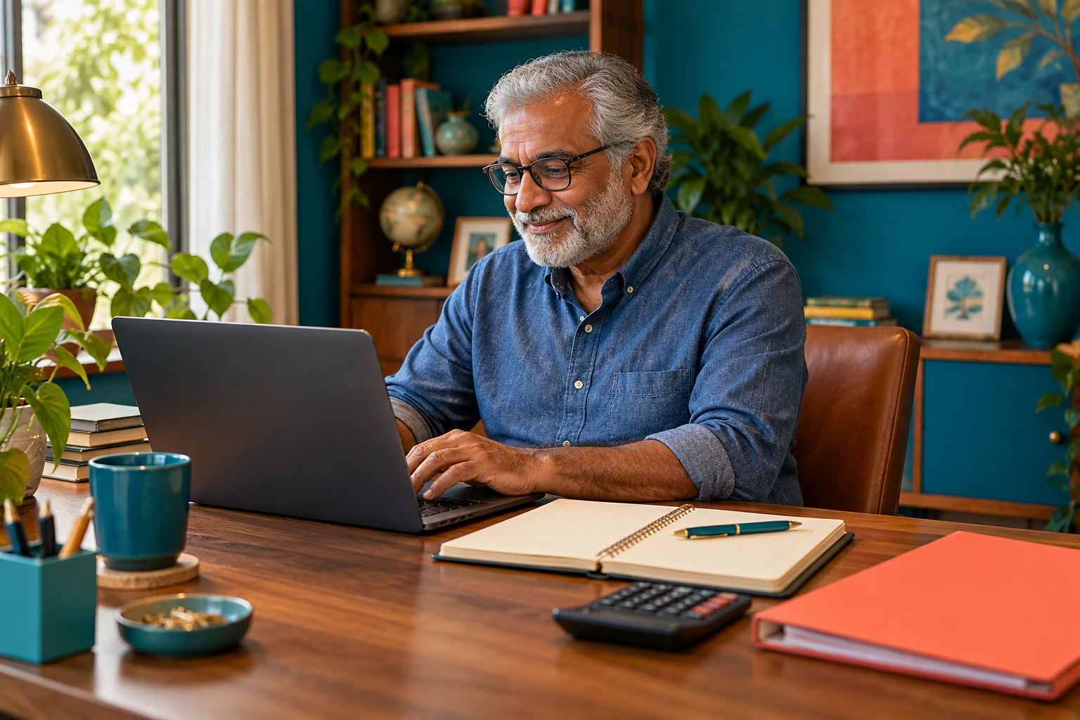 Older man organizing work at a colorful home office desk.