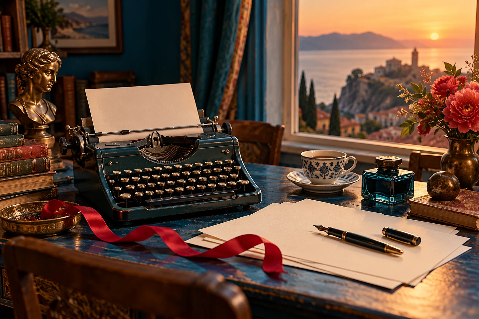 Typewriter, manuscript pages, and a red ribbon on a blue writing desk.
