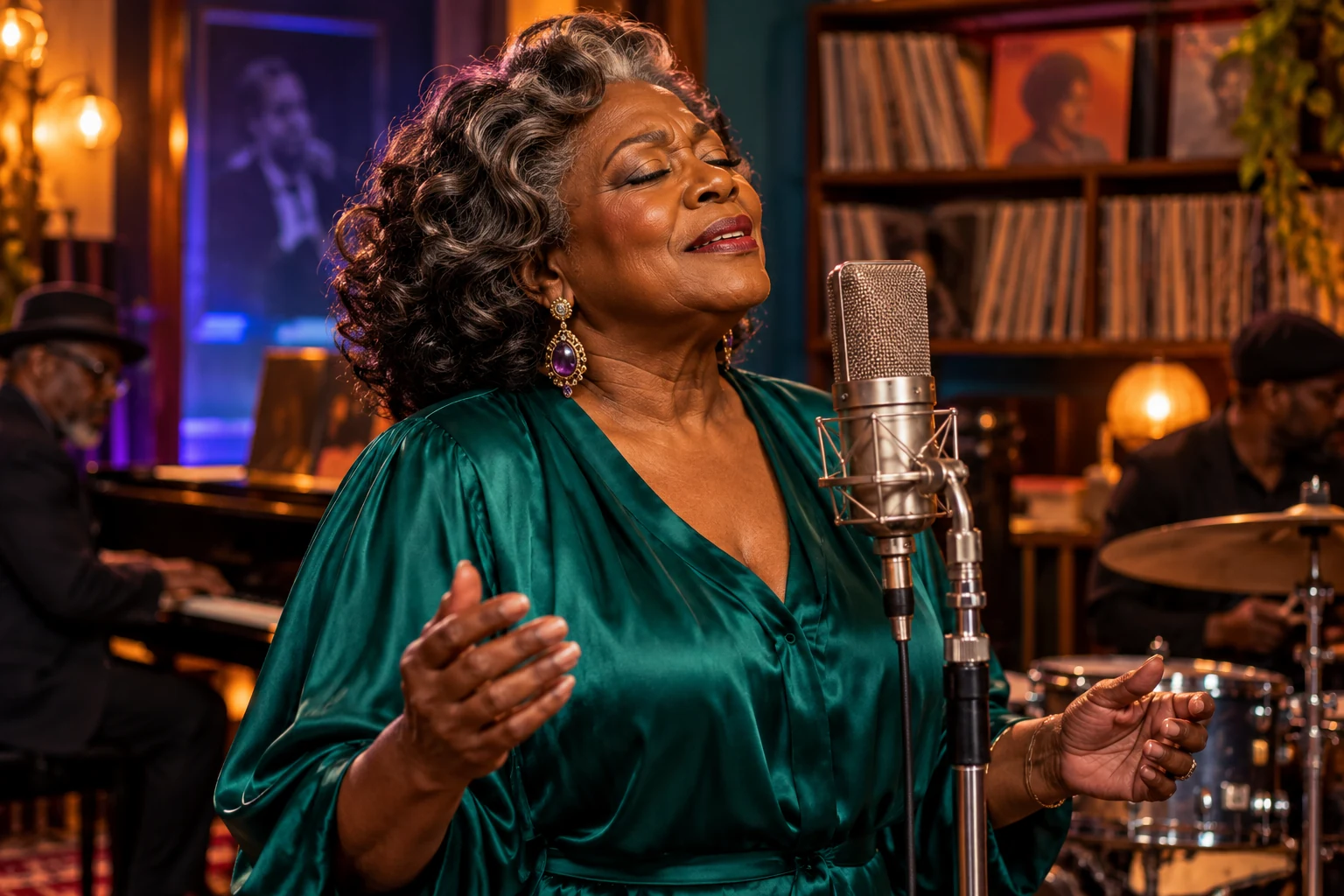 Fictional soul vocalist at a microphone in a warmly lit recording studio.