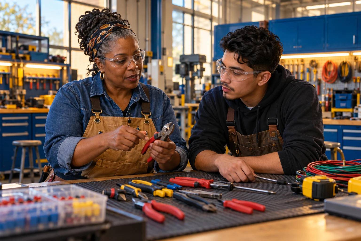 Instructor and adult apprentice discussing tools in a bright vocational workshop.